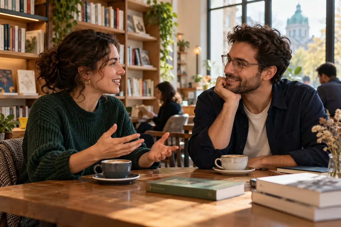 Deux adultes discutant dans un café-librairie montréalais