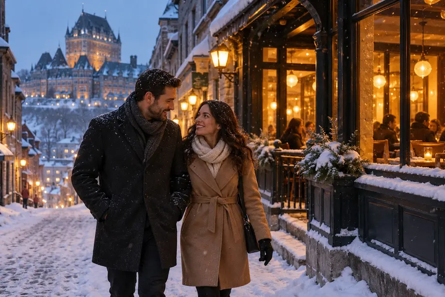 Couple adulte marchant dans le Vieux-Québec enneigé