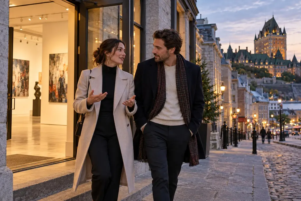 Couple adulte quittant une galerie d’art à Québec