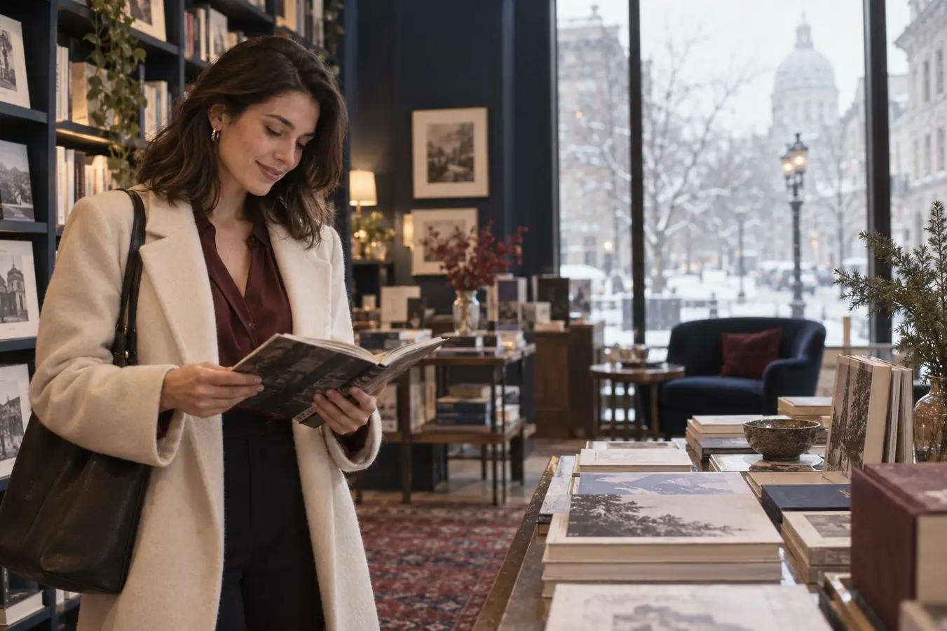 Lectrice dans une librairie de design montréalaise