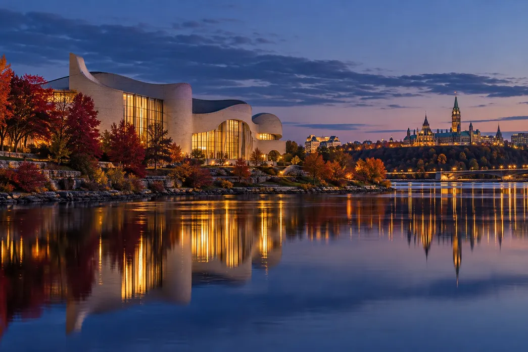 Rive de Gatineau en automne au crépuscule, sans passants