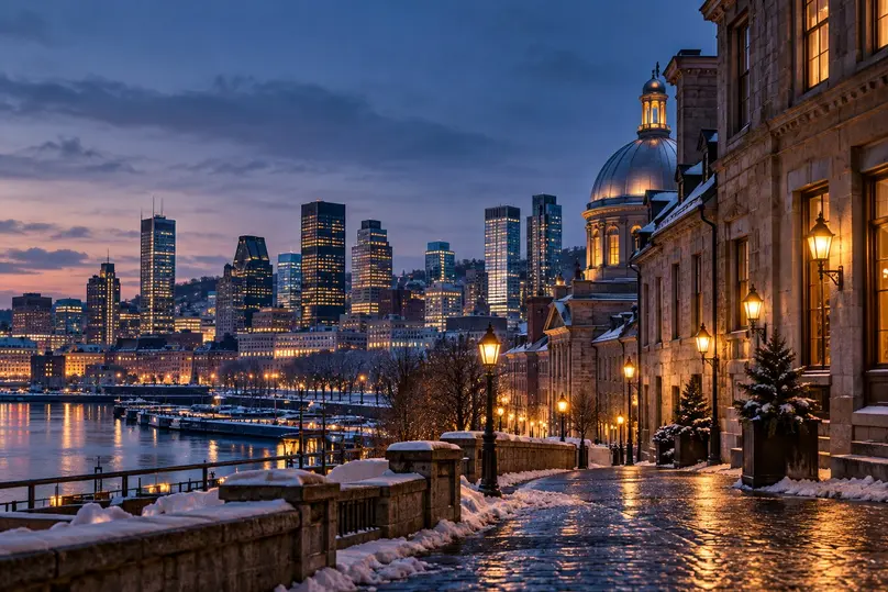 Vieux-Montréal et centre-ville au crépuscule d’hiver