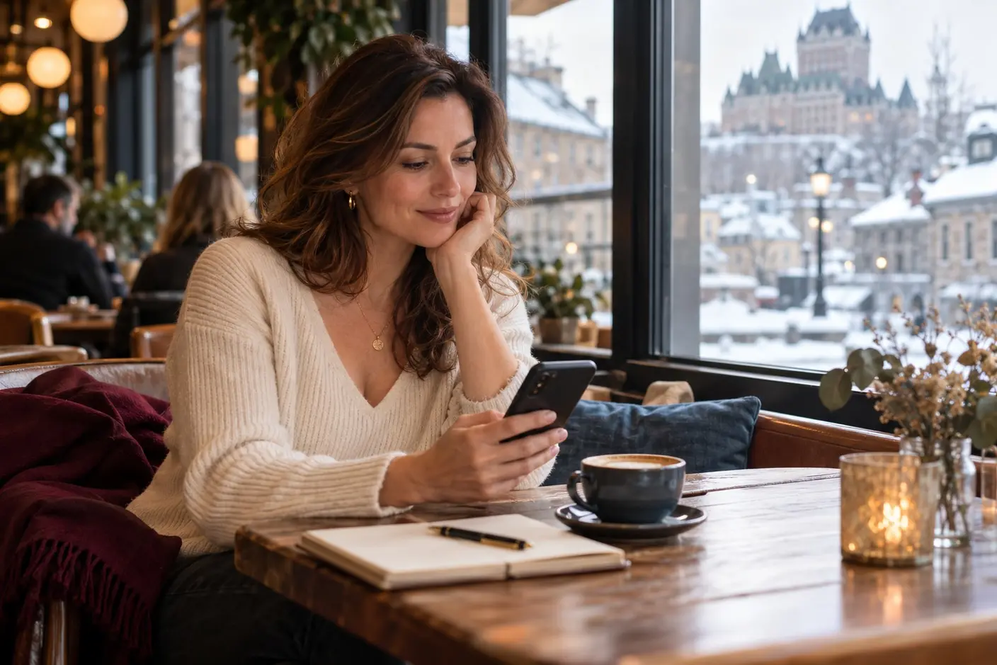 Femme consultant ses favoris dans un café de Québec en hiver